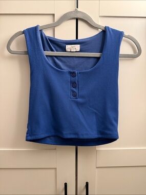 Blue Ribbed Button-Front Crop Tank Top
